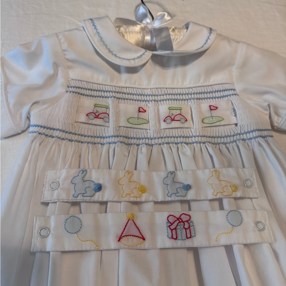 18m Smocked Baby Bubble with interchangeable ribbon - Birthday, Easter, Golf